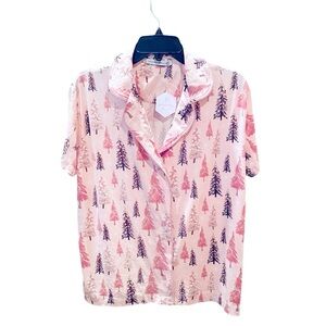 NWT Amanda Blu notched collar button down pajama top short sleeves SZ L pink